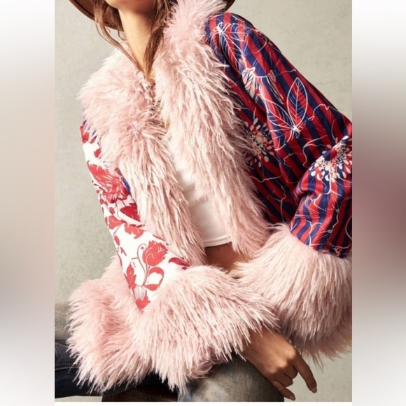 Fur collar Boho lined pink fur trimmed Jacket - Picture 2 of 3